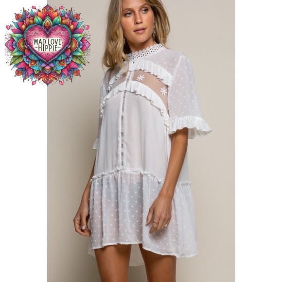 POL Ivory Ethereal Swiss Dot Mock Neck Lace Inset Mini Dress - Picture 3 of 7